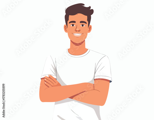 A smiling young man stands with arms crossed, looking directly at the viewer.