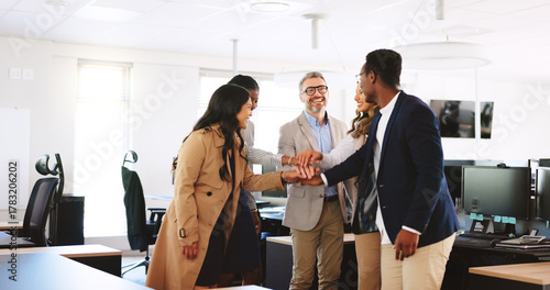 Foto Business, people and hand stack in office for motivation, teamwork and celebration for success