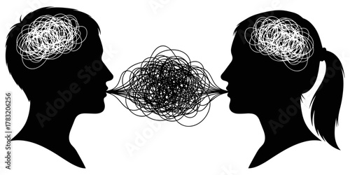 Communication chaos illustration in black and white line art showing two human profiles with tangled thoughts and messy dialogue scribble