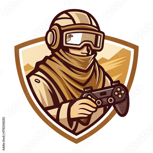 Desert Raider Mascot Logo Vector, Flat Esport Emblem Design with Solid Sand Beige and Brown Tones and Clean Vector Shapes, Transparent Background

