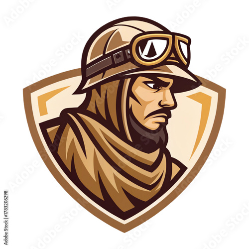 Desert Raider Mascot Logo Vector, Flat Esport Emblem Design with Solid Sand Beige and Brown Tones and Clean Vector Shapes, Transparent Background


