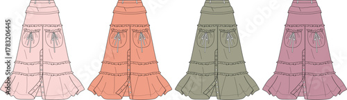 Four ruffled tiered midi dresses in different colors blush pink, peach, sage green, and mauve