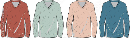 Isolated vector collection of casual long-sleeved V-neck sweaters in four different colors for fashion design concepts