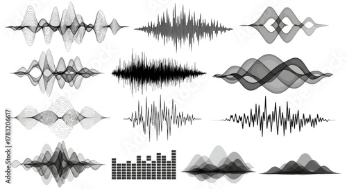 Dynamic collection of black and white sound wave forms and audio frequency visualizations representing abstract digital music and voice technology patterns