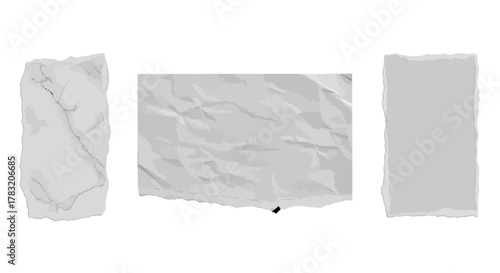 Collection of Wrinkled Paper Pieces Torn, Crumpled Textures