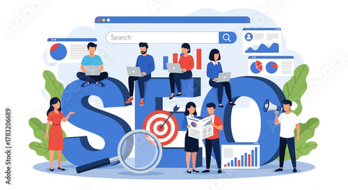 Flat vector illustration of a digital marketing team collaborating on an SEO strategy for website ranking and analytics