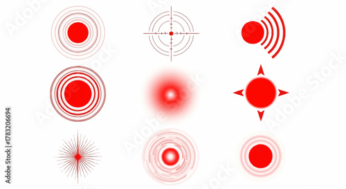 Red Radial Symbols and Icons Target, Radar, and Point Designs for Various Applications