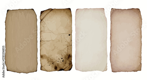 A versatile collection of four isolated antique paper textures with burnt and worn edges for digital design