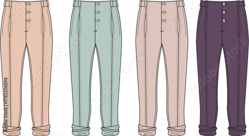 Set of women's high-waisted pleated trousers with button fly and rolled cuffs in four pastel and jewel tone colorways, fashion flat technical sketch vector illustration
