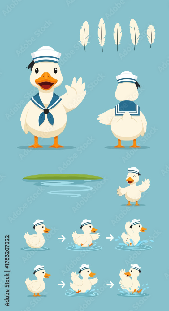 Obraz premium Cartoon sailor duck character with various poses, feathers, and swimming animation frames on a blue background.