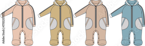 Set of four colored technical flat sketches of a baby hooded jumpsuit with long sleeves, a front zipper, and pockets. Vector fashion design template