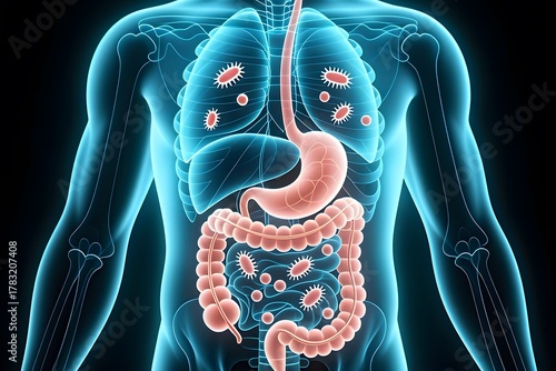 Human digestive system shown within a glowing body, illustrating the stomach, intestines, and the presence of bacteria and microorganisms in the gut flora.