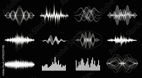 Collection of Abstract Audio Waveform Illustrations on Black Background