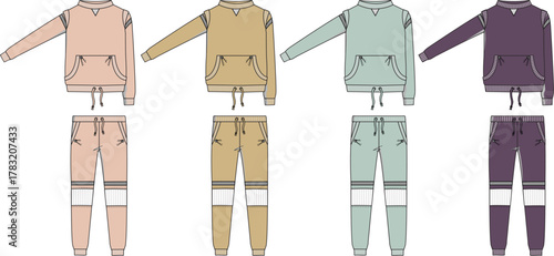 Set of four matching loungewear outfits in different pastel color variations, showcased as flat fashion sketches