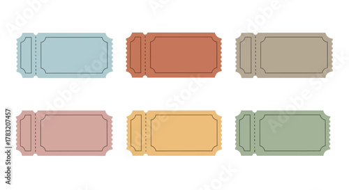 Six Colorful Blank Tickets for Events, Raffles, and Entertainment Activities with Decorative Edges