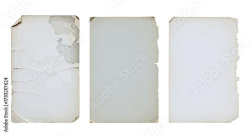 Three Vintage Paper Textures Aged Pages with Torn Edges on White Background