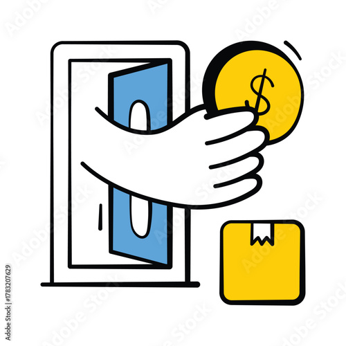 Cash on delivery hand drawn doodle icon in modern trendy style