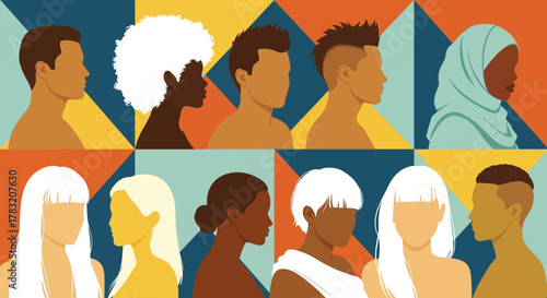 Diverse group of people in profile, representing unity and equality, on a geometric background
