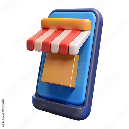 Stylized 3d illustration of a mobile phone screen transformed into a vibrant storefront with a striped awning and shopping bag concept for online retail and e commerce