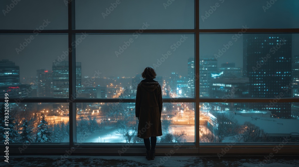 Fototapeta premium Woman gazing at winter city skyline
