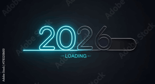 New Year 2026 Loading Progress Bar with Glowing Neon Blue Numbers and Copy Space