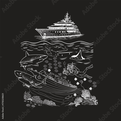 Papier peint Wreck Dive Expedition Sharks and Rays Beneath the Yacht