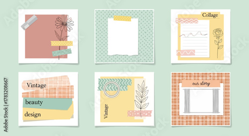 Charming collection of vintage aesthetic scrapbook collage design elements featuring soft pastel colors, delicate floral sketches, and textured paper frames for creative projects