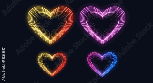 Dynamic arrangement of multiple glowing neon hearts, showcasing radiant outlines and an abstract, romantic digital art style