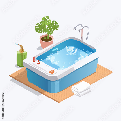 Bathroom tub with bubbles and plant