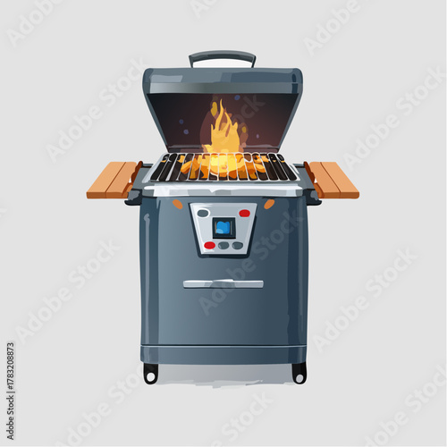Barbecue grill with flames and side shelves