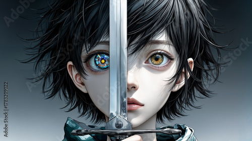 a young female warrior with short, messy dark hair and intense eyes holds a large sword.