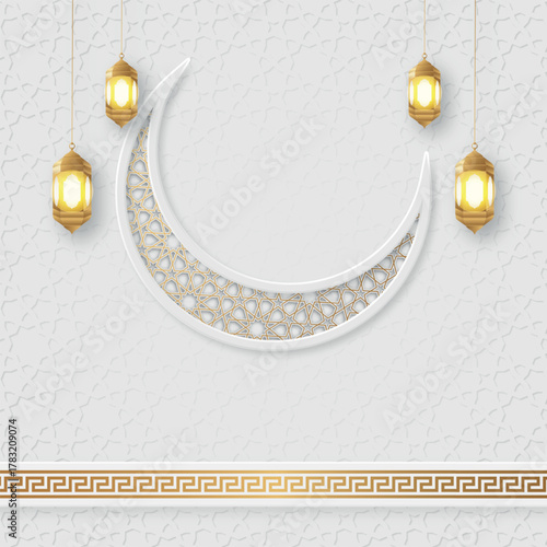 Elegant Islamic Background with Crescent Moon and Lanterns for Ramadan Kareem Greeting Card Design Two Hundred Characters Exact Limit No Special Symbols