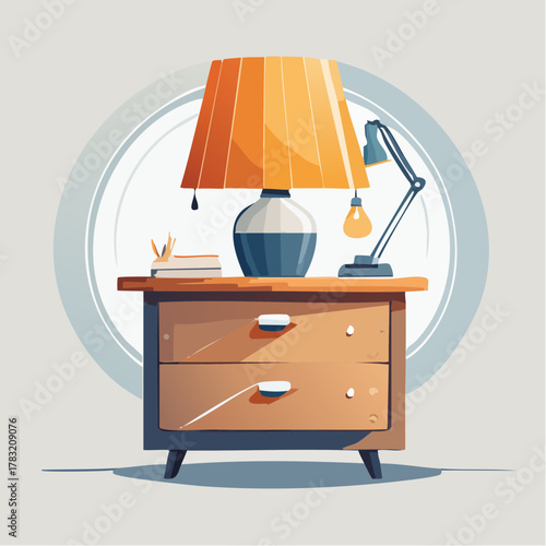 Bedroom nightstand with lamp and books