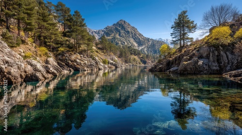 Serene Mountain Lake Surrounded by Lush Greenery and Rocky Cliffs on a Clear Sunny Day