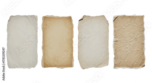 Collection of four aged, textured, parchment-like paper sheets with torn and frayed edges, presented against a white background, showcasing diverse textures and tones for artistic and design purposes