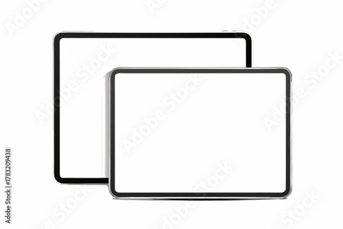 Two tablets with blank white screens are displayed against a plain white background in a studio shot created with generated ai