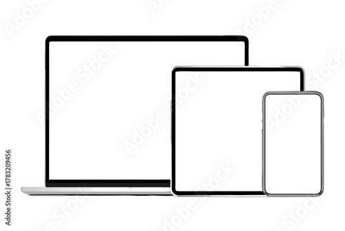 Laptop tablet and smartphone with blank white screens arranged in a row on a white background scene created with generated ai