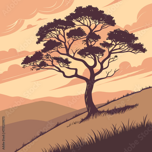 Silhouette of a lone acacia tree on a grassy hill at sunset