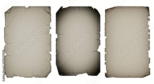 Collection of three vintage paper textures with distressed, ripped edges, perfect as an aged parchment background for antique documents or rustic graphic design projects