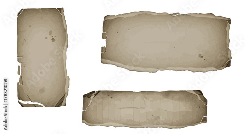 Set of three aged, textured, and torn paper fragments with distressed grunge details, ideal for vintage backgrounds, banners, labels, or decorative design elements