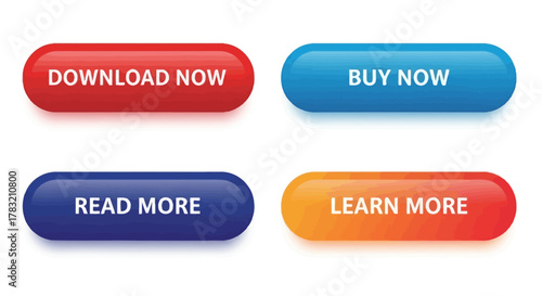Set of four colorful glossy web buttons for call to action user interface. Vector illustration of download, buy, read, and learn more icons for website design pixel graph elements