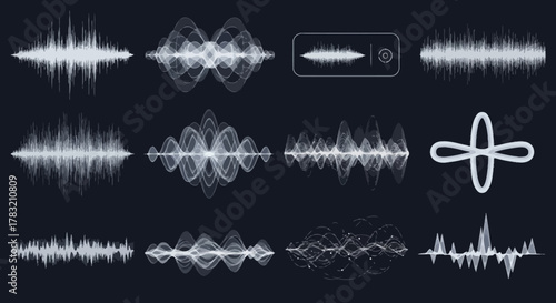 Dynamic digital sound wave visualizations and audio spectrum graphs, featuring abstract equalizer patterns and futuristic waveform displays against a dark background