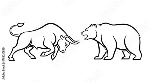 Dynamic illustration portraying market forces with a powerful charging bull and a growling bear, symbolizing opposing economic trends and investment challenges