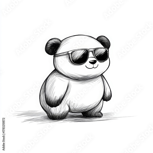 Cool panda hand drawn doodle sunglasses black and white sketch happy animal