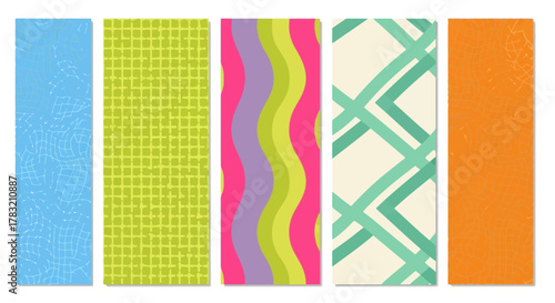 A Collection of Five Vibrant and Playful Decorative Rectangles with Unique Patterns and Colors