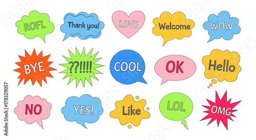 A vibrant vector graphic set of colorful speech bubbles with common chat words and internet slang for digital communication and design elements