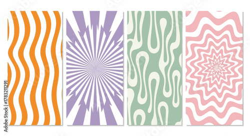 Vibrant Retro Psychedelic Liquid Wave Patterns Collection for Abstract Backgrounds and Groovy Design Elements; Set of Colorful Optical Illusion Textures