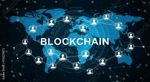 Futuristic concept of a global decentralized network on a digital world map. Illustration of interconnected nodes for worldwide data and finance technology