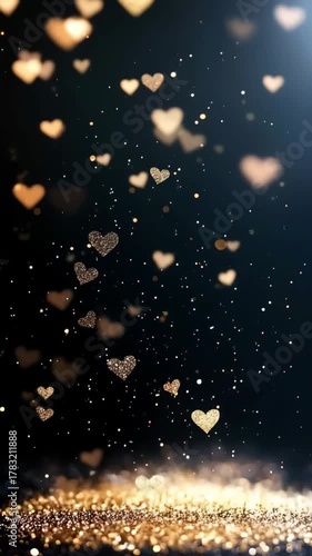 Valentine’s Day concept with sparkling falling heart-shaped confetti and glitter on dark background, abstract festive animation for romance and luxury themes.