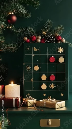 Animated advent calendar with golden ornaments appearing on the boxes. Christmas countdown and festive themes.